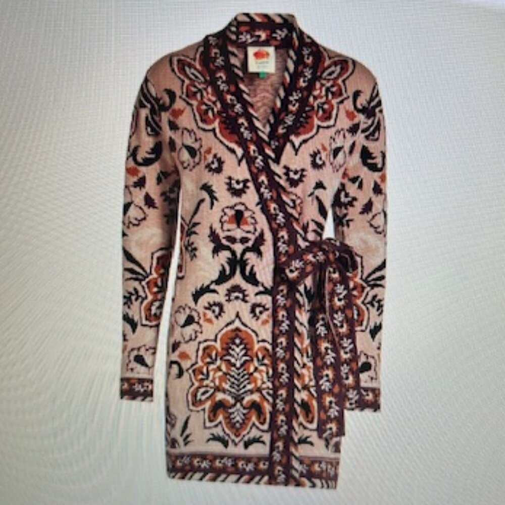 Farm Rio Glam Tapestry Burgundy Knit Wrap Surplice Neck Long Sleeves Minidress
